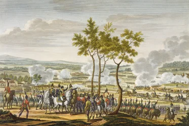 Die Schlacht von Abensberg, 20. April 1809, graviert von Edme Bovinet